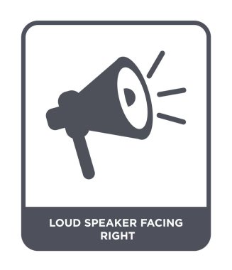 Hoparlör sağ simge modaya uygun bir tasarım tarzı karşı karşıya. Beyaz arka plan üzerinde izole sağ simge karşı karşıya hoparlör. Hoparlör doğru vektör simgesi basit ve modern düz sembolü karşı karşıya.