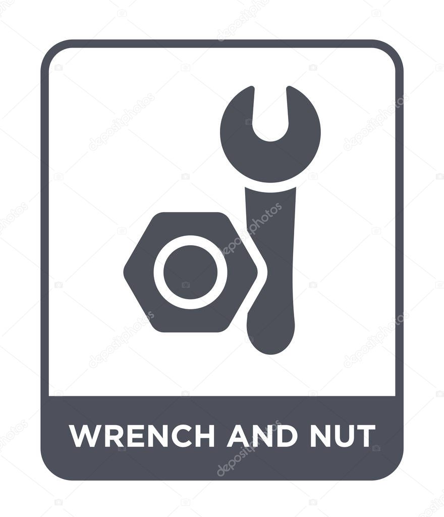 Wrench and nut icon in trendy design style. wrench and nut icon isolated on white background. wrench and nut vector icon simple and modern flat symbol.