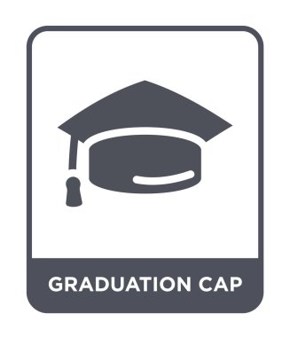Mezuniyet kap simgesi modaya uygun bir tasarım tarzı. Mezuniyet kap simgesi beyaz arka plan üzerinde izole. Mezuniyet kep vektör simgesi basit ve modern düz sembolü.