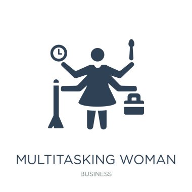 multitasking kadın simge vektör beyaz arka plan üzerinde multitasking kadın trendy iş toplama simgeler dolu.