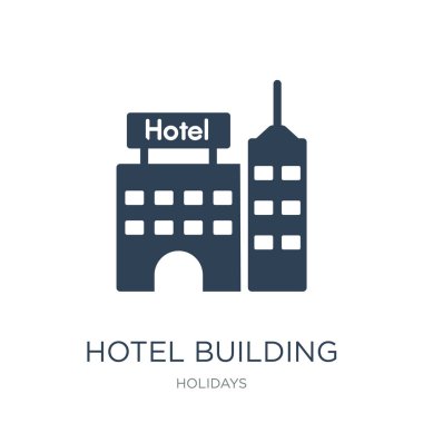 Beyaz arka planda, otel binası tatil koleksiyonundan trendy dolu simgeleri simge vektör Bina otel