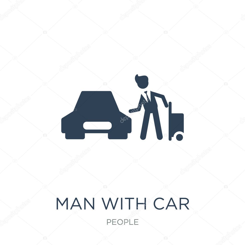 Man with car and suitcase icon vector on white background, man with car and suitcase trendy filled icons from People collection