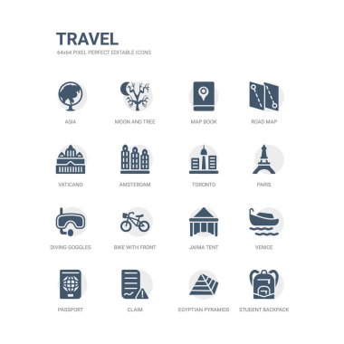 öğrenci sırt çantası, Mısır piramitleri, iddia, pasaport, Venedik, jaima çadır, Bisiklet ile dalış açık sepet gibi simgeleri basit bir set koruyucu gözlük, paris, toronto. ilgili seyahat Icons collection.