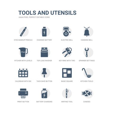 basit şekerler, yazma aracı, pil şarj durumu, Yazdırma düğmesi, mutfak aletleri, temel kare gibi simgeler kümesi, tack Kaydet düğmesini, altı gün, somun anahtarı Ayarlar düğmesi, anahtar halkası ile takvim