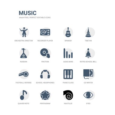 gözler, nautilus, pentagram, quaver Not, cd yazıcı, piyano sınıf, okul kulaklıklar, futbol hakem düdük, retro okul zili, ses barlar gibi simgeleri basit kümesi. ilgili müzik simgeleri