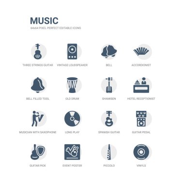 simgeler vinyls, piccolo, olay poster gibi basit set, gitar seç, gitar pedal, klasik gitar, uzun çalma, saksafon, otel resepsiyonist, shamisen ile müzisyen. ilgili müzik simgeleri