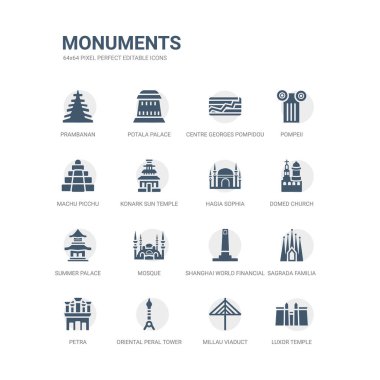 simple set of icons such as luxor temple, millau viaduct, oriental peral tower, petra, sagrada familia, shanghai world financial center, mosque, summer palace, domed church, hagia sophia. related clipart