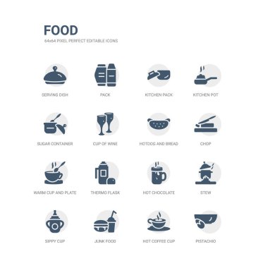 Antep fıstığı, sıcak kahve fincanı, abur cubur, biberona, güveç, sıcak çikolata, termo flask, sıcak Kupası ve plaka, pirzola, hotdog ve ekmek gibi simgeleri basit kümesi. Gıda simgeler toplama ile ilgili. düzenlenebilir