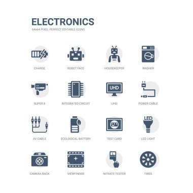 Lastikler, nitrat tester, vizör, geri, kamera gibi simgeleri basit bir set led ışık, test kartı, ekolojik pil, av kablosu, güç kablosu, uhd. elektronik simgeler toplama ile ilgili. düzenlenebilir 64 x 64