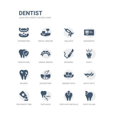 basit doldurma, diş diş metalik kök, diş ağrısı, diş macunu tüpü, beyaz dişler, yirmilik diş, apicoectomy, kesici, kavite, intraoral gibi simgeler kümesi. ilgili diş hekimi simgeler