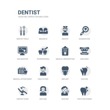 diş beyazlatma, hasta çocuk, kız hasta, dişçi koltuğu, boşluklar, gibi simgeleri basit bir set implant, sağlıklı bir çocuk, tıbbi randevu, takma diş, tıbbi reçete. ilgili diş hekimi simgeler