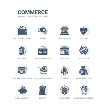 e ticaret alışveriş sepeti aracı, ev rozet, bakkal, sikke ile piggy banka gibi basit simgeler kümesi çanta para Doları, alışveriş, dayanışma satınalma, ipotek, büyük CIT kartı, dükkanı olan kadın