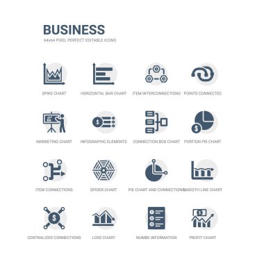 simple set of icons such as profit chart, numbe information, loss chart, centralized connections, smooth line chart, pie and connections, spider item connections, portion pie connection box related clipart