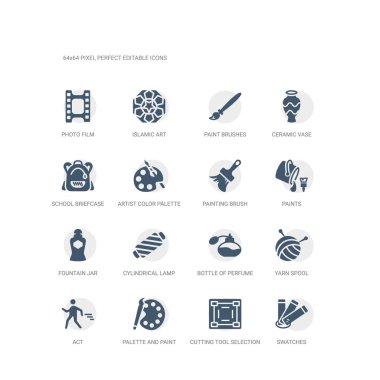 renk örnekleri, kesme aracı seçimi, palet ve boya fırça, hareket, iplik biriktirme, şişe parfüm, silindirik lamba, Çeşme kavanoz, boyalar gibi simgeleri basit set, boyama fırça. ilgili sanat simgeler