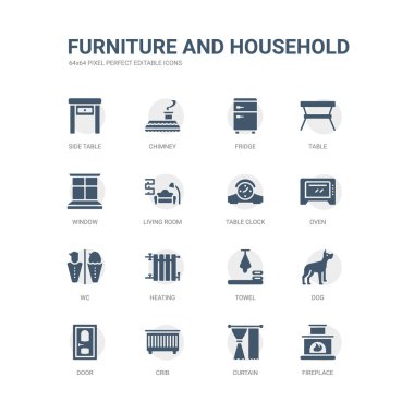 şömine, perde, beşik, kapı, köpek, havlu, Isıtma, wc, fırın, masa saati gibi simgeleri basit kümesi. Mobilya ve ev simgeler toplama ile ilgili. düzenlenebilir 64 x 64 piksel mükemmel.