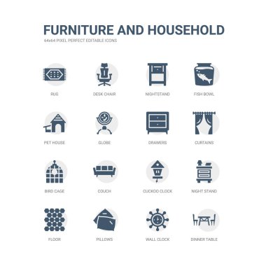 Yemek Masası, duvar saati, yastıklar, kat, gece gibi simgeleri basit bir set standı, guguklu saat, kanepe, kuş kafesi, perdeler, çekmeceler. Mobilya ve ev simgeler toplama ile ilgili. düzenlenebilir 64 x 64
