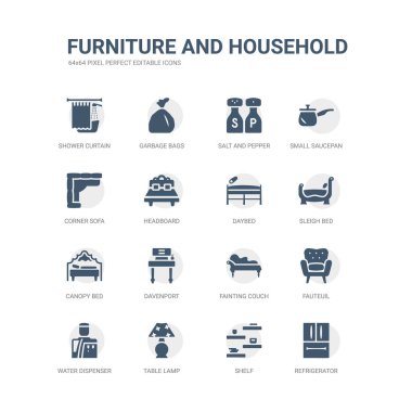 buzdolabı, raf, Masa lambası, su dağıtıcısı, fauteuil, bayılma kanepe, davenport, gölgelik yatak, atlı kızak yatak, daybed gibi simgeleri basit kümesi. ilgili mobilya ve ev Icons collection.