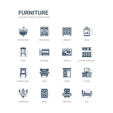 basit bir set yatak, koltuk, halı, avize, tv masa, dolap, kanepe, komodinde, mutfak mobilya, gibi simgeleri temizleyelim. mobilya simgeler koleksiyonu ile ilgili. düzenlenebilir 64 x 64 piksel mükemmel.