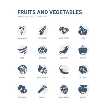 Şeftali, çilek, havuç, patates, marul, kırmızı biber, nar, papaya, biber, patlıcan gibi simgeleri basit kümesi. ilgili meyve ve sebze simgeler koleksiyonu. düzenlenebilir 64 x 64 piksel mükemmel.