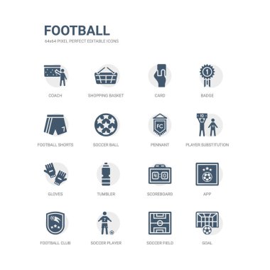 basit hedef, futbol sahası, futbolcu, futbol kulübü, app, çetele, bardak, eldiven, oyuncu değiştirme, flama gibi simgeler kümesi. Futbol simgeler toplama ile ilgili. düzenlenebilir 64 x 64 piksel
