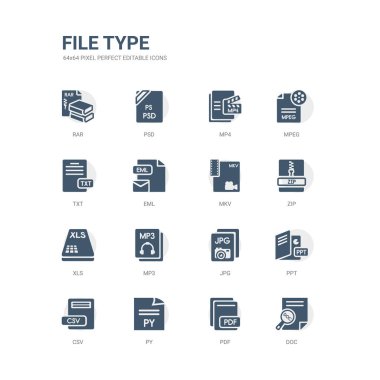simple set of icons such as doc, pdf, py, csv, ppt, jpg, mp3, xls, zip, mkv. related file type icons collection. editable 64x64 pixel perfect. clipart