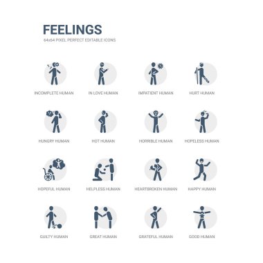 iyi insan, minnettar insan, büyük insan, suçlu mutlu kalbi kırık çaresiz umutlu umutsuz korkunç ilgili duygular simgeler toplama gibi simgeleri basit kümesi. düzenlenebilir 64 x 64 piksel mükemmel.