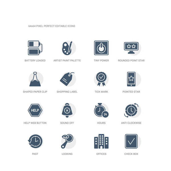 simple set of icons such as check box, offices, looking, past, anti clockwise, hours, sound off, help web button, pointed star, tick mark. related ui icons collection. editable 64x64 pixel perfect.