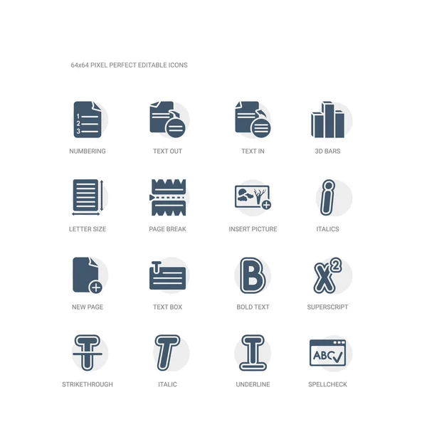 Simple set of icons such as spellcheck, underline, italic, strikethrough, superscript, bold text, text box, new page, italics, insert picture. related ui icons collection. editable 64x64 pixel — Stock Vector