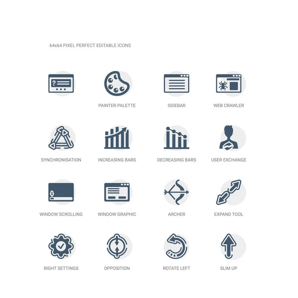 Ensemble simple d'icônes telles que slim up, tourner à gauche, opposition, paramètres de droite, outil d'expansion, archer, graphique de fenêtre, défilement de la fenêtre à droite, échange d'utilisateurs, graphique à barres décroissantes. connexes ui icônes — Image vectorielle