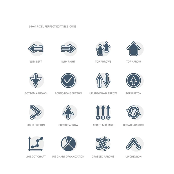 Eenvoudig instellen van pictogrammen zulke zoals chevron, gekruiste pijlen cirkeldiagram organisatie, dot lijndiagram, update pijlen, abc item grafiek, cursor pijl, rechterknop, bovenste knop, boven en beneden pijl. Verwante ui — Stockvector