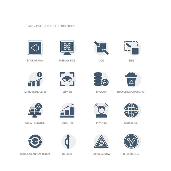 Eenvoudige set van iconen zoals bifurcatie kromme pijl, omweg, cirkelvormige pijl klok, worldgrid, psychische, incentive, zonne-recycle, recycling container, back-up. Verwante ui iconen collectie. bewerkbare — Stockvector