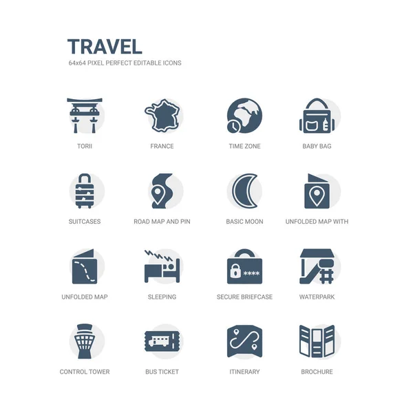 Conjunto simple de iconos tales como folleto, itinerario, billete de autobús, torre de control, parque acuático, maletín seguro, dormir, mapa desplegado, mapa desplegado con marca de ubicación, luna básica. iconos de viaje relacionados — Archivo Imágenes Vectoriales