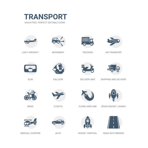 Eenvoudige set van iconen zoals wegnaar gebroken lijnen met verticale positie van de raket, auto, medische chopper vervoer, ruimte raketlancering, vliegen vliegtuig, vluchten, Fietsen, verzendkosten en levering, levering — Stockvector