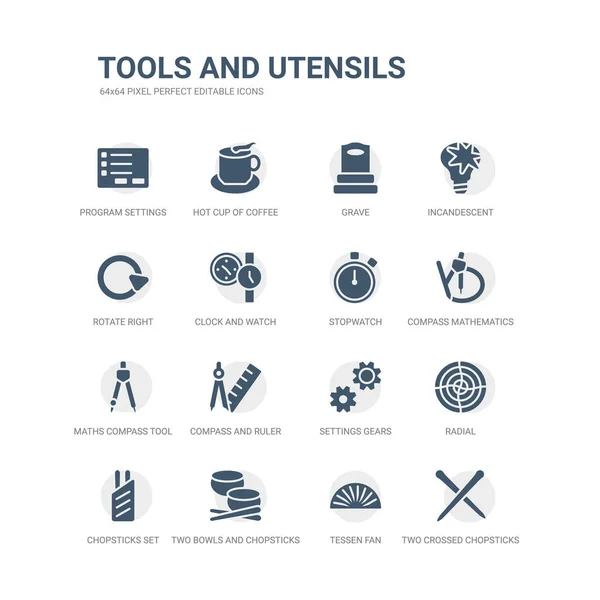 Conjunto simple de iconos tales como dos palillos cruzados de Japón, ventilador de tessen, dos cuencos y palillos, conjunto de palillos, radial, ajustes engranajes, brújula y regla para las matemáticas, herramienta brújula matemáticas , — Vector de stock
