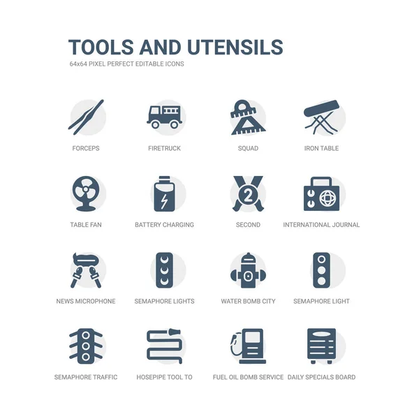 Простий набір іконок, таких як щоденна спеціальна дошка, служба нафтової бомби, шланговий інструмент для гасіння пожежі або садівництва, світлофори, постачальник водяної бомби, семафор — стоковий вектор