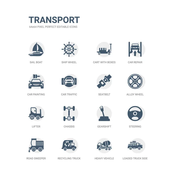 Eenvoudige set van iconen zoals geladen vrachtwagen zijaanzicht, zwaar voertuig, vrachtwagen, road sweeper, stuur, versnellingspook, lichtmetalen wielen, veiligheidsgordel, chassis, lifter recycling. vervoer pictogrammen collectie. — Stockvector