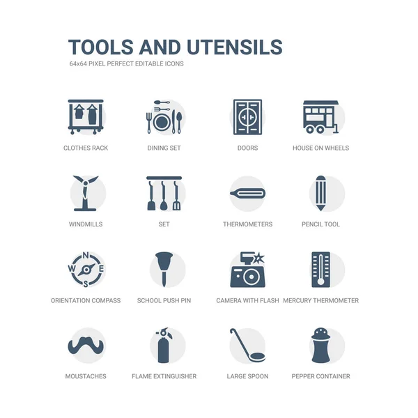 Simple set of icons such as pepper container, large spoon, flame extinguisher, moustaches, mercury thermometer degrees, camera with flash, school push pin, orientation compass, pencil tool, — Stock Vector