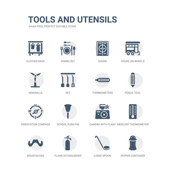 простой набор значков, таких как перцовый контейнер, большая ложка, огнетушитель, усы, ртутный градус термометра, камера с вспышкой, школьный штифт, ориентировочный компас, карандашный инструмент
,