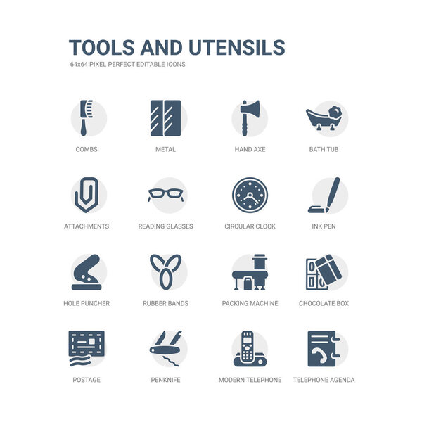 простой набор значков, таких как телефонная повестка дня, современный телефон, перочинный нож, почтовый ящик, шоколадная коробка, упаковочная машина, резиновые ленты, дырокол, чернильная ручка, круглые часы. соответствующие инструменты и посуда
