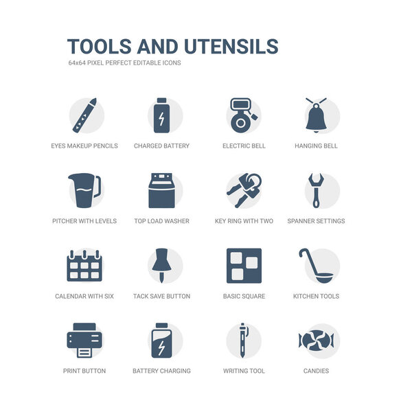 простой набор иконок, таких как конфеты, инструмент записи, состояние зарядки батареи, кнопка печати, кухонные инструменты, основной квадрат, кнопка сохранения нажатия кнопки, календарь с шестью днями, кнопка настройки гаечного ключа, кольцо ключа
