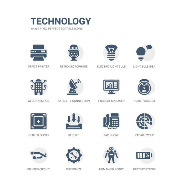 simple set of icons such as battery status, humanoid robot, customize, printed circuit connections, radar sweep, fax phone, receive, center focus, robot vacuum, project manager. related technology