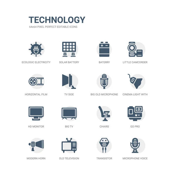 Semplice set di icone come voce del microfono, transistor, vecchio televisore, corno moderno, go pro, sedie, grande tv, monitor hd, luce del cinema con cavo, grande vecchio microfono. icone della tecnologia correlate — Vettoriale Stock