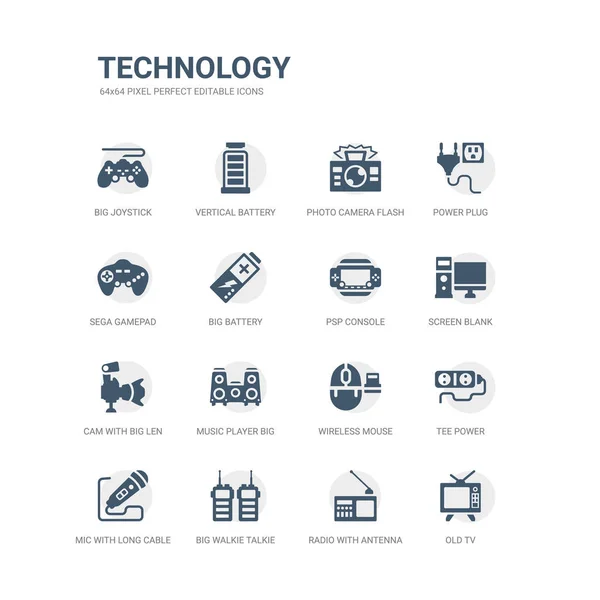 Simple set of icons such as old tv, radio with antenna, big walkie talkie, mic with long cable, tee power, wireless mouse, music player big speaker, cam with big len, screen blank, psp console. — Stock Vector