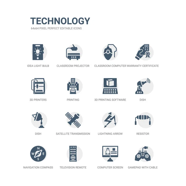 Simple set of icons such as gamepad with cable, computer screen linux, television remote control, navigation compass, resistor, lightning arrow, satellite transmission, dish, dish, 3d printing — Stock Vector