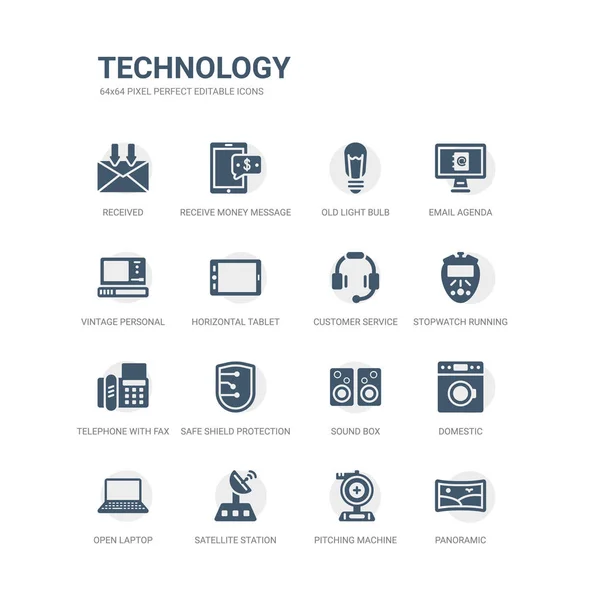 Conjunto simple de iconos como panorámica, máquina de lanzamiento, estación de satélite, ordenador portátil abierto, doméstico, caja de sonido, protección de escudo de seguridad, teléfono con fax, cronómetro en marcha, auriculares de servicio al cliente . — Archivo Imágenes Vectoriales