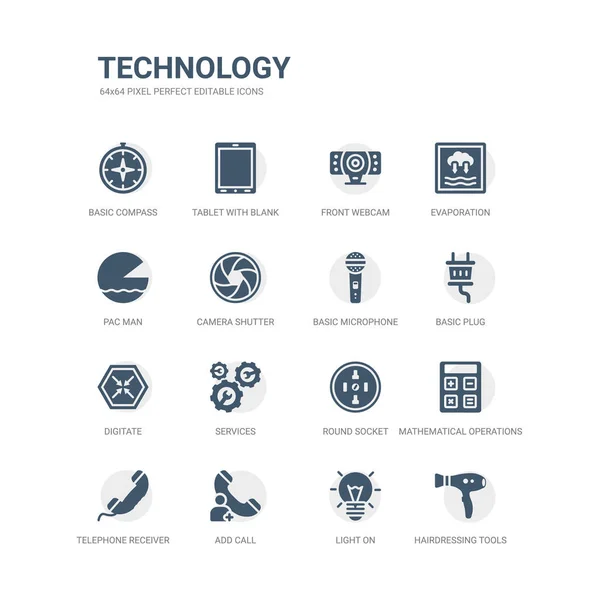 Simple set of icons such as hairdressing tools, light on, add call, telephone receiver, mathematical operations, round socket, services, digitate, basic plug, basic microphone. related technology — Stock Vector