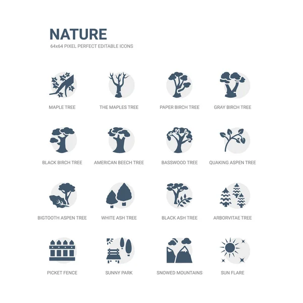 Simple set of icons such as sun flare, snowed mountains, sunny park, picket fence, arborvitae tree, black ash tree, white ash tree, bigtooth aspen quaking aspen basswood related nature icons — Stock Vector