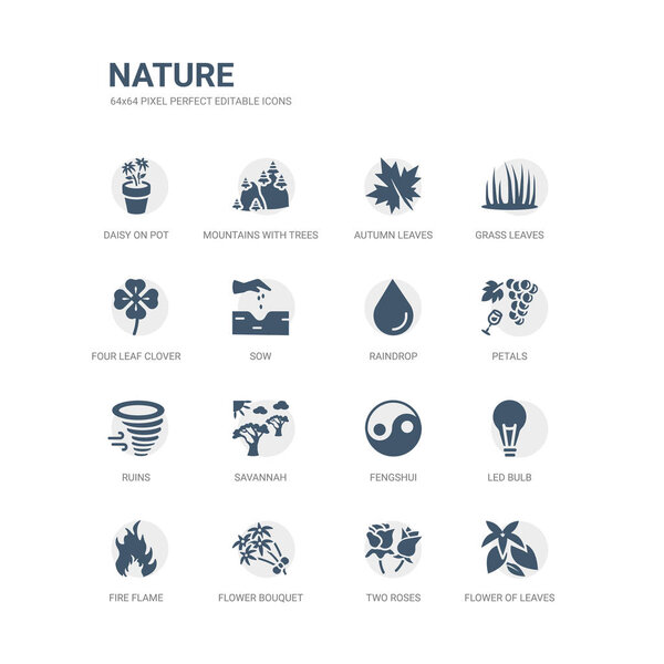 простой набор икон, таких как цветок из листьев, две розы, цветочный букет, огненное пламя, свинцовая лампа, Астаны, саванна, руины, лепестки, капли дождя. Коллекция, связанная с этим. съедобный (64 пикселя)
