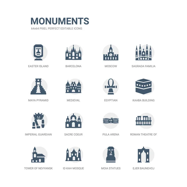 Conjunto simple de iconos como ejer baunehoj, estatuas de moia, id kah mezquita, torre de nevyansk en Rusia, teatro romano de merida, pula arena, sacre coeur, guardián imperial león, kaaba edificio , — Vector de stock