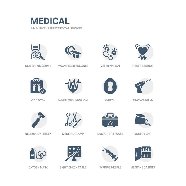 Ensemble simple d'icônes telles que l'armoire à pharmacie, aiguille de seringue, table de contrôle visuel, masque à oxygène, chapeau de médecin, mallette de médecin, pince médicale, marteau réflexe neurologique, perceuse médicale, bassin de lit. connexes — Image vectorielle